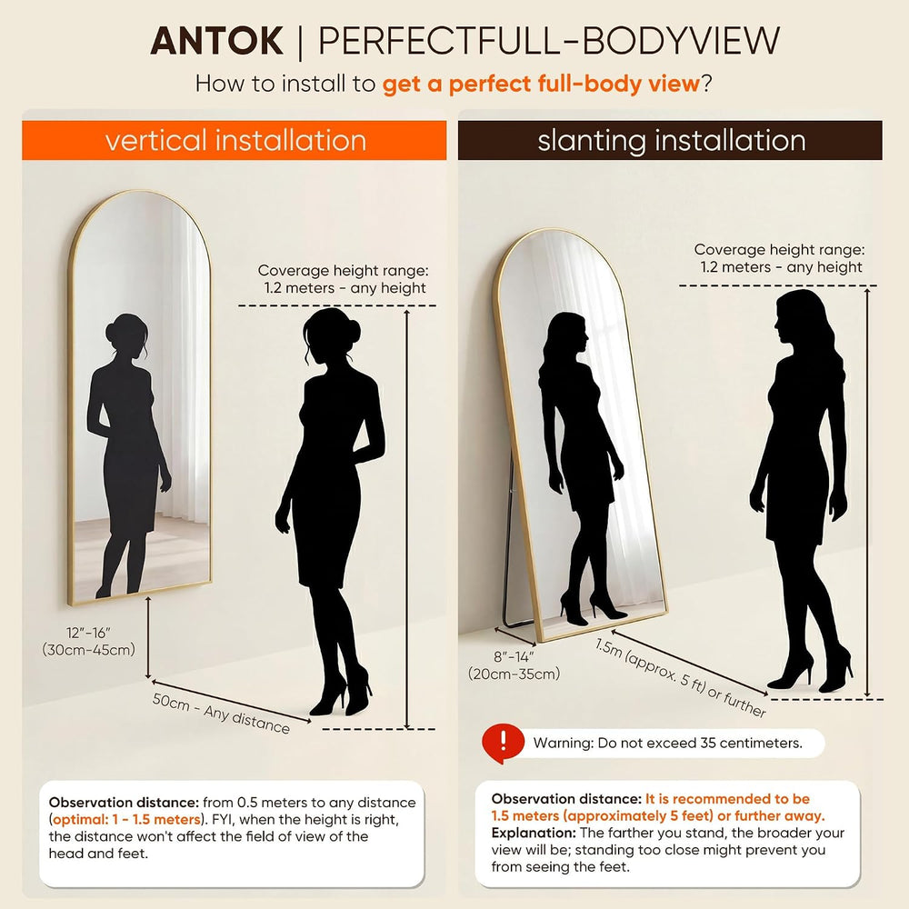 Antok 56" x14” Arched Full Length Mirror, Floor Mirror with Stand,Gold