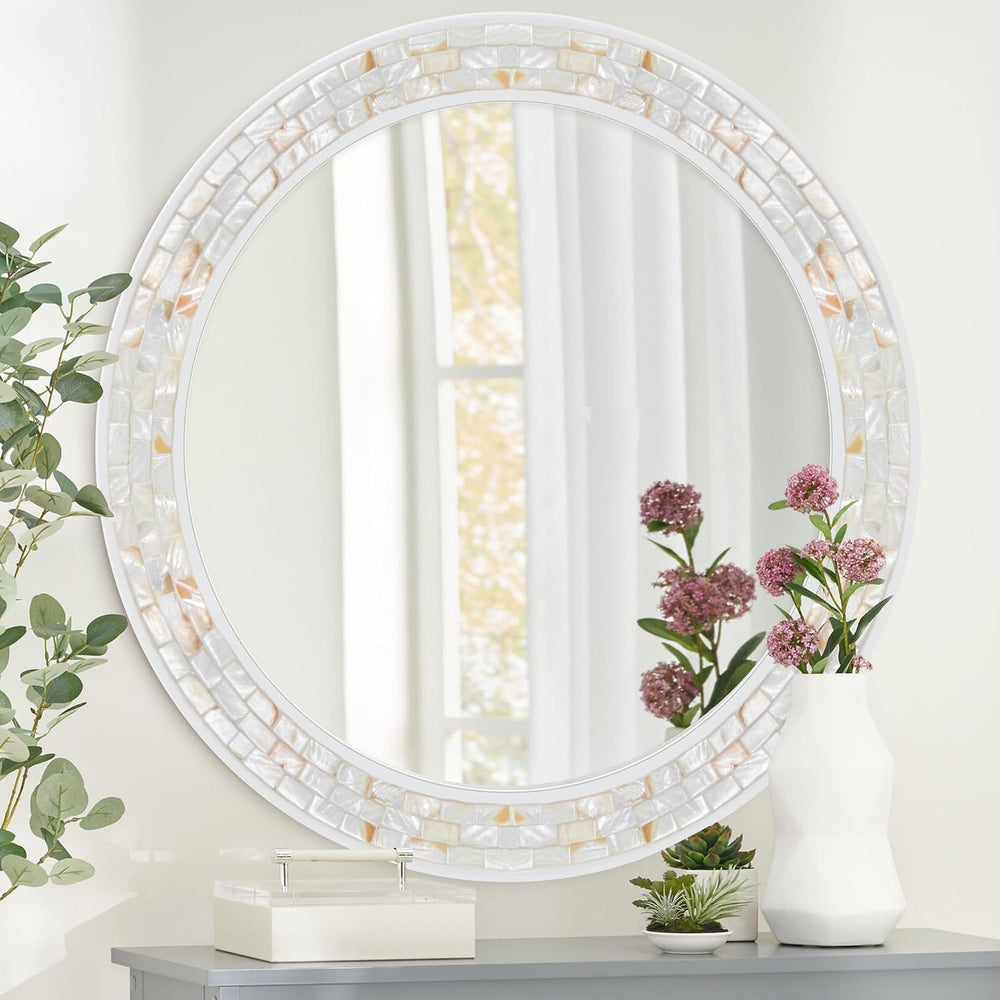 Tanmicoshomy 36 Inch Large Round Mirror, Natural Shell Circle Wall Decor