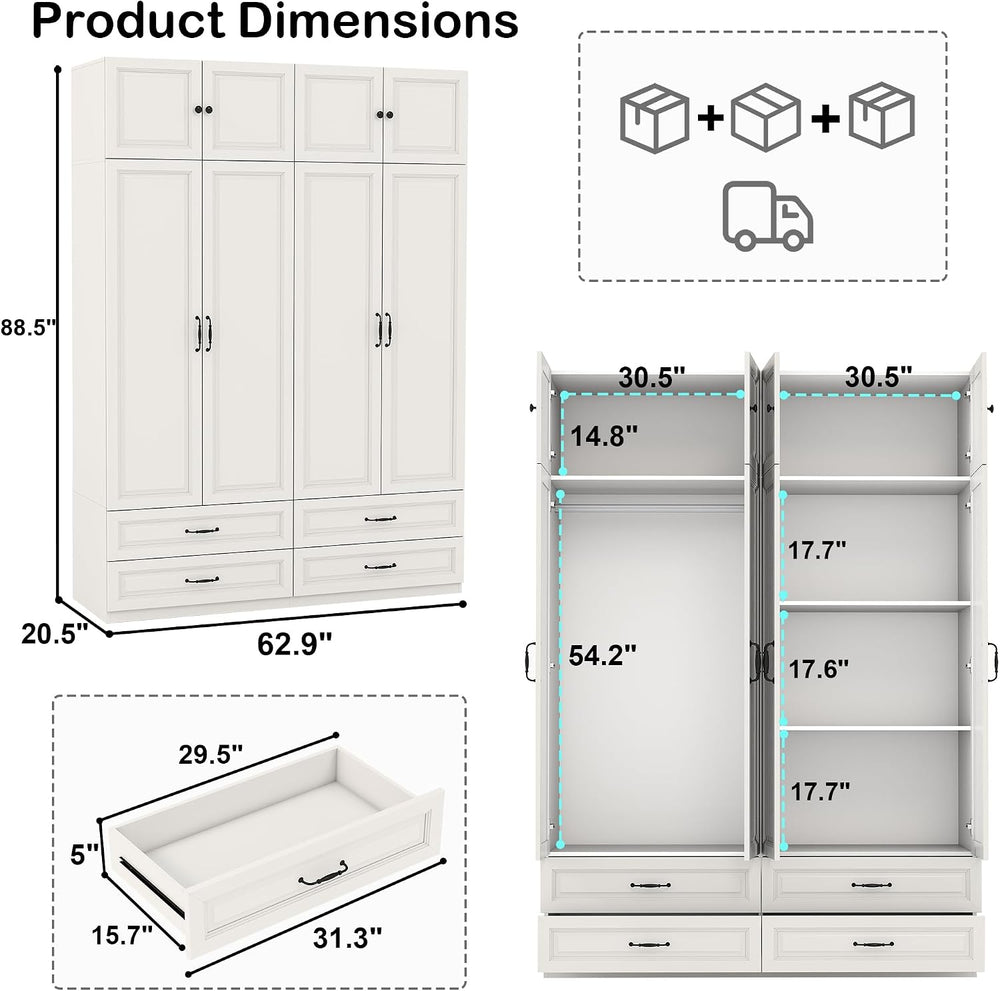 White Armoire Wardrobe Closet with 4 Drawers: 89" H x 63" W