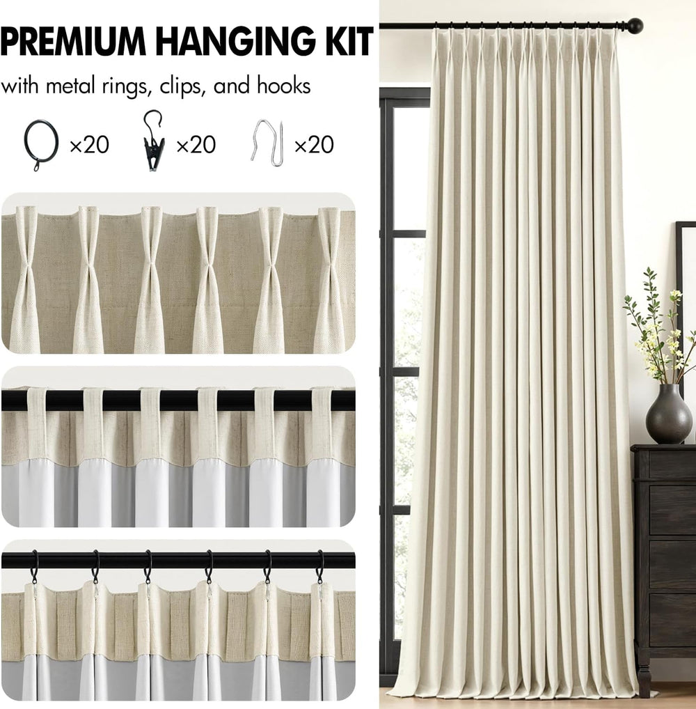 MIULEE Cream Pinch Pleated 100% Blackout Linen Curtains 40x108 Inches