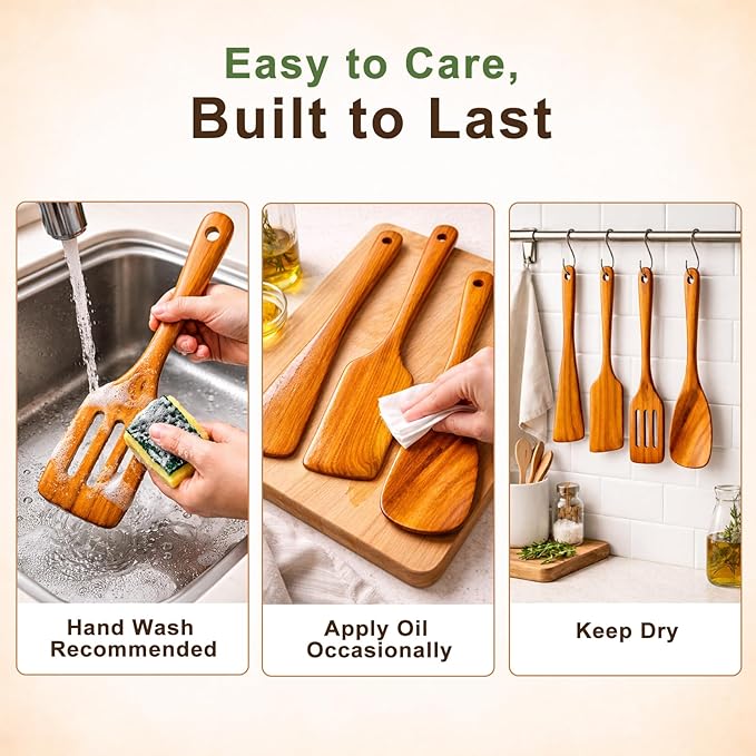 Wooden Kitchen Utensil Set, 4-Piece Teak Wood Cooking Utensils - Image 6