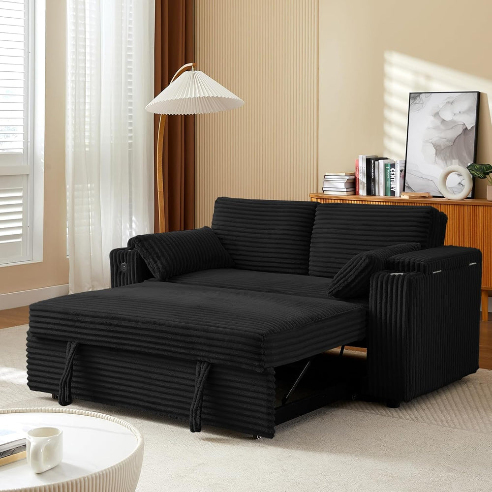 Convertible Corduroy Sofa Bed with USB Charging Port & Cup Holders, 68.11...