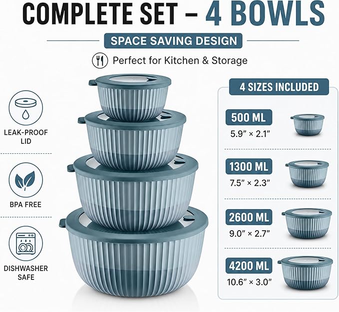 Mixing Bowls with Lids, 8-Piece Airtight Leak-Proof Nesting BPA-Free Bowl Set - Image 5