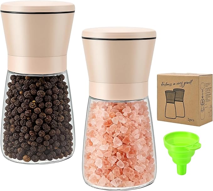 R DRURLCD 2PK Beige Salt and Pepper Grinder Set, Short Glass Shakers by RDRURLCD