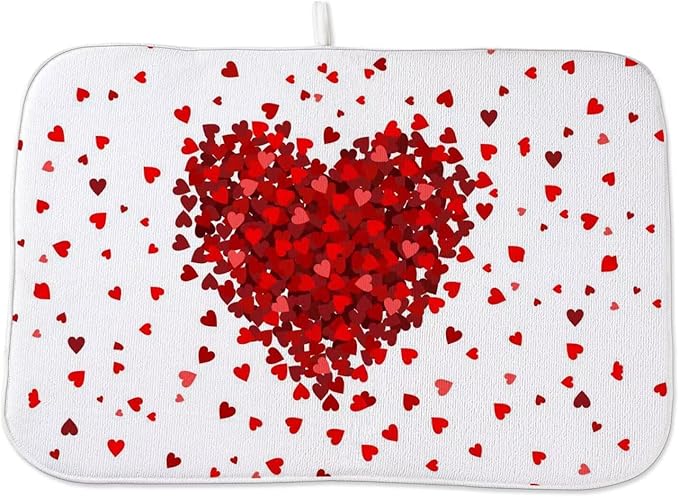 Valentines Day Dish Drying Mat 18 x 24 inch Red Hearts Decorative Drying Mats by AEIOAE