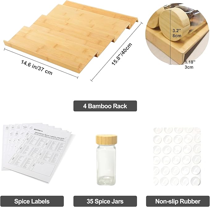 Spice Drawer Organizer with 35 Bamboo-lidded Spice Jars, 216 Labels, 25 - Image 3