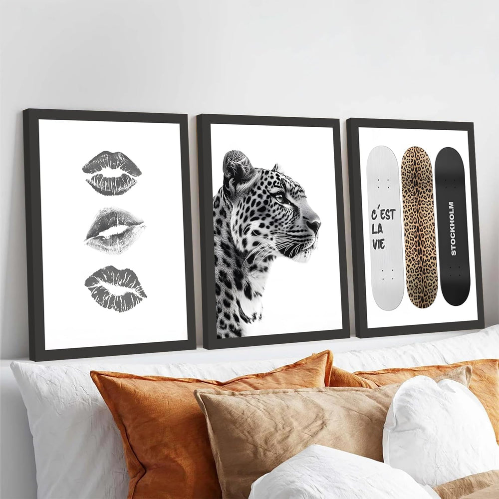 3 Piece Framed Stockholm Style Wall Art, Black and White Leopard Lips Canvas ...