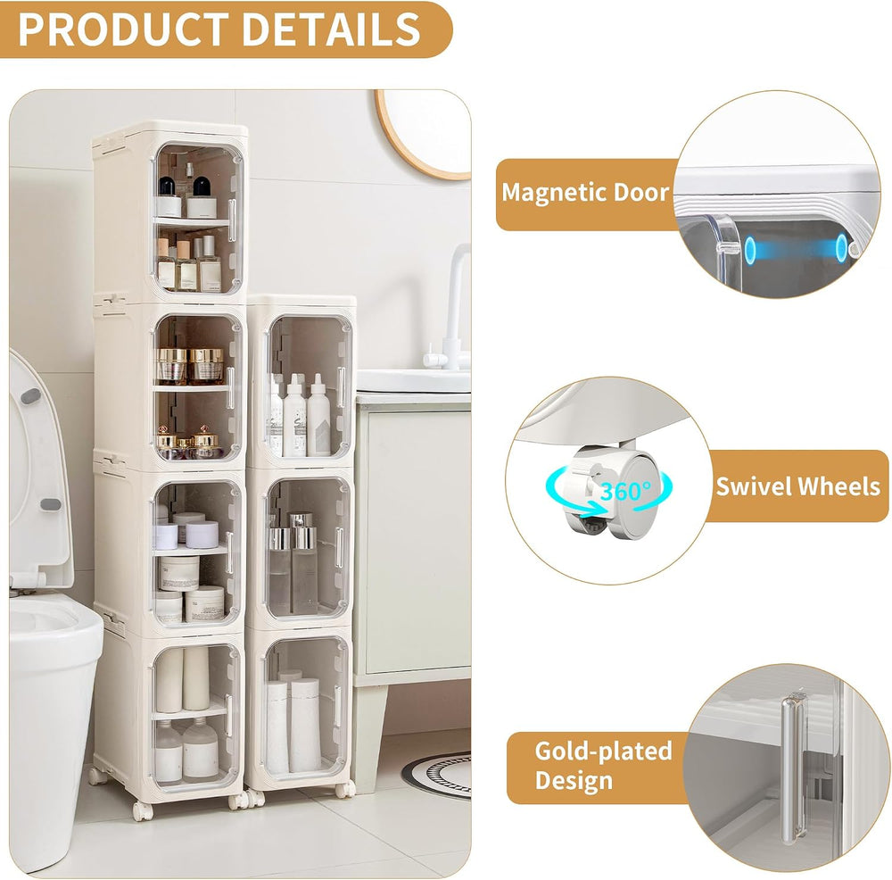 3-Tier Slim Narrow Bathroom Storage Cabinet, Cream White | Tool Free Assembly...