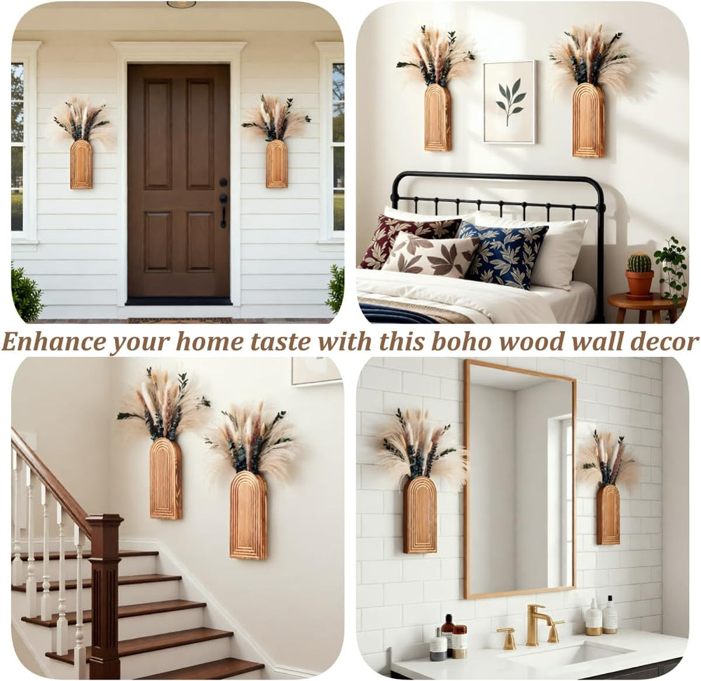 2 Pack Wooden Wall Vase Set with Pampas Grass Eucalyptus, Modern Farmhouse Bo...