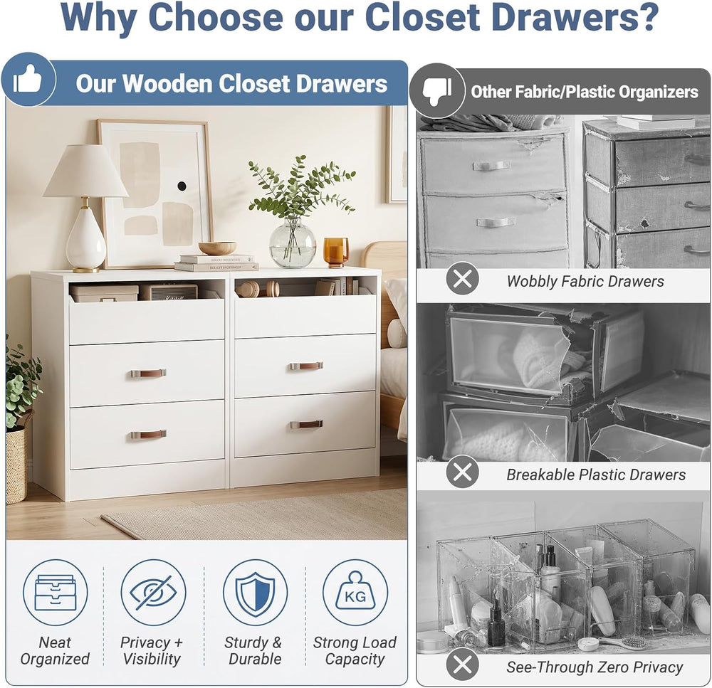 Closet Drawers Set of 2, Wood Closet Organizers and Storage, White