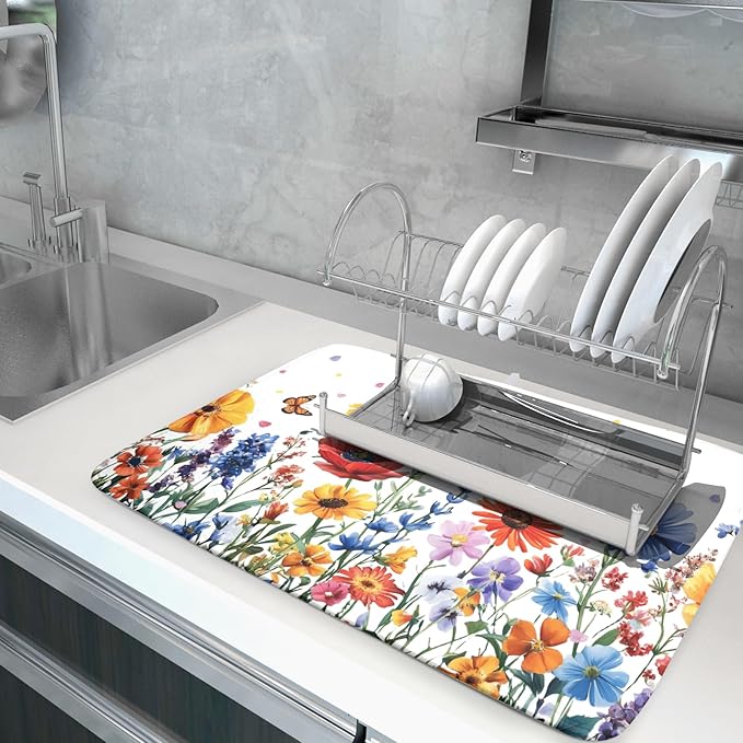 Watercolor Flower Dish Drying Mat 18x24 Inch Floral Butterfly Dish Drainer - Image 5