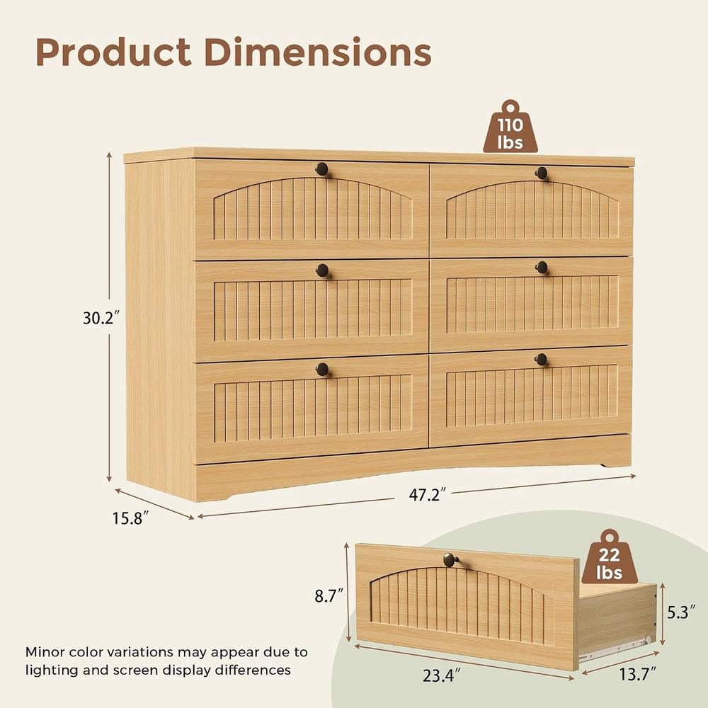 Fluted 6 Drawer Dresser, Wooden Chest of Drawers for Bedroom, Light Oak