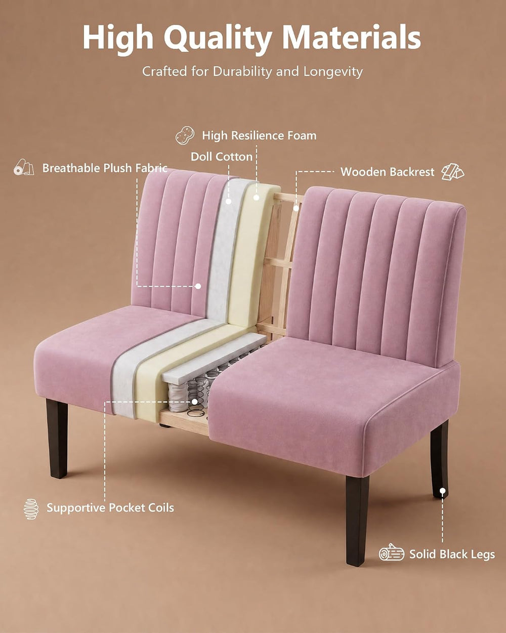 Oversized Armless Accent Chair Loveseat, Small Sofa, Pink Velvet, Modern