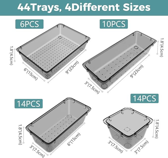 WOWBOX 44 PCS Clear Plastic Drawer Organizer Set, 4 Varied Size storage Bins - Image 3