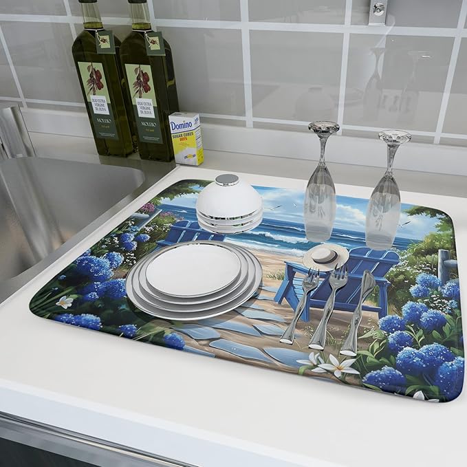 Summer Beach Chairs Dish Drying Mat Sea Wave Blue Floral Drying Mat fo Kitchen - Image 6