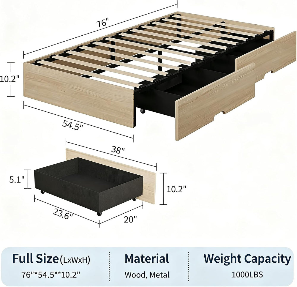 IDEALHOUSE Full Bed Frame with 2 Storage Drawers,Wooden Floor Bed Frame