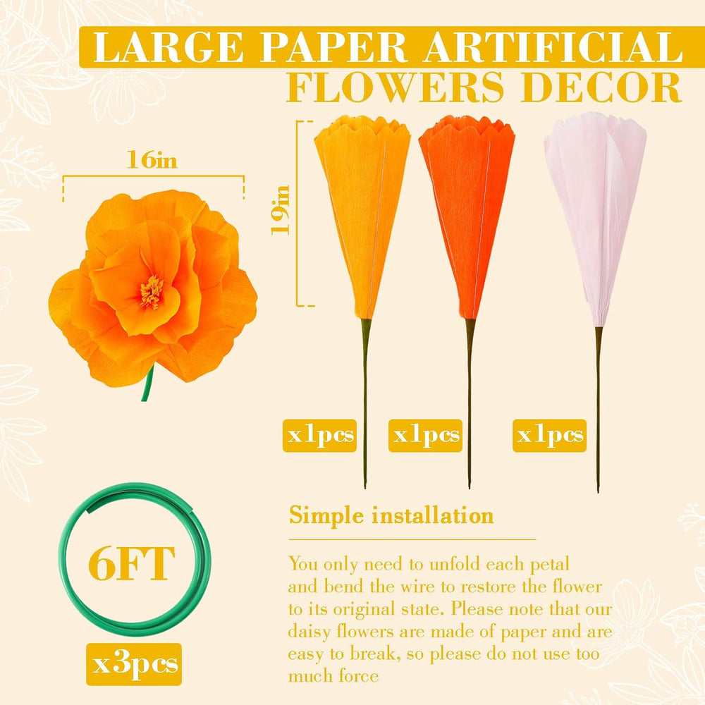 3 Pcs 5ft Giant Multicolor Poppy Flower Back to School Decor