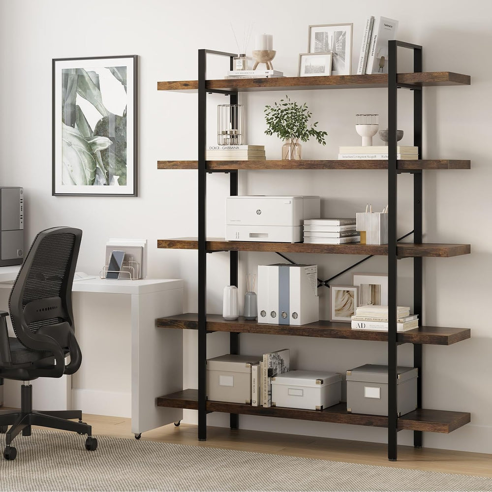 2PCS Heavy Duty 5 Tier Industrial Bookcase for Home Office, Rustic Brown | 47...