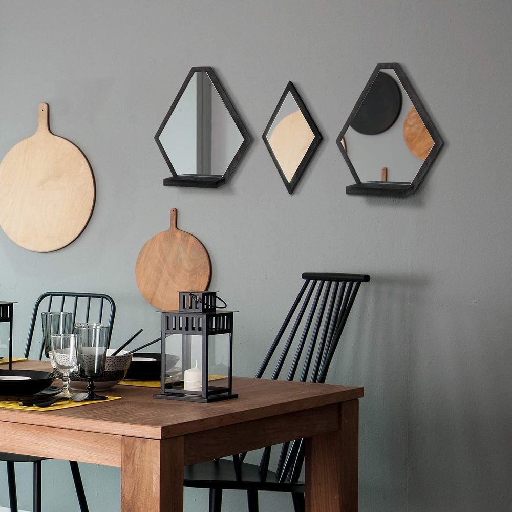 JACKCUBE Design Wall Mount Decorative Mirrors- Set of 3, Geometric Rustic Woo...