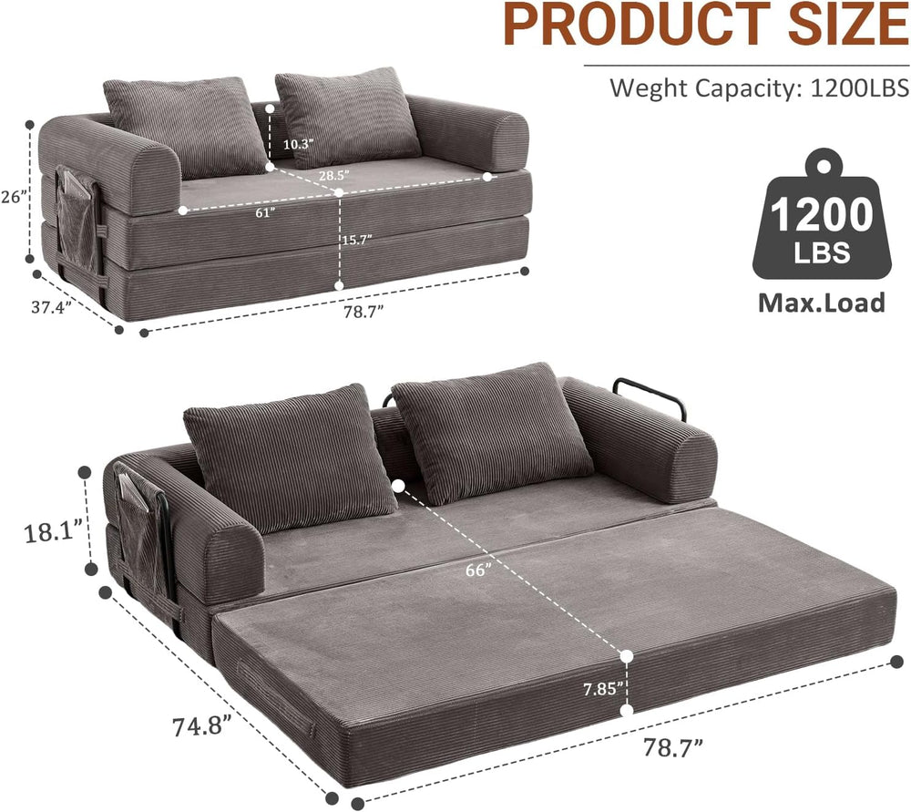 79" Convertible Sofa Bed, 5-in-1Boneless Couch for Living Room with 2 Pi...