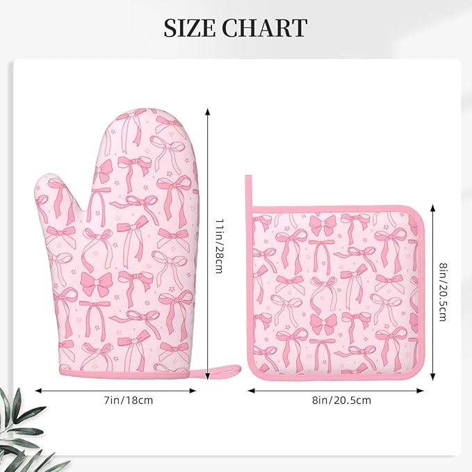 Pink Cute Ribbon Bow Silicone Oven Mitts Pan Mats Set of 2, Heat Resistant - Image 3