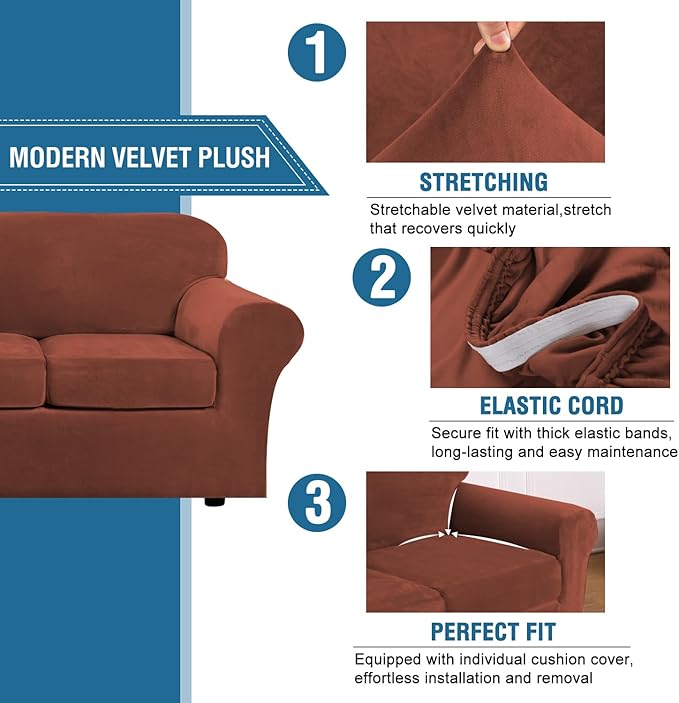 H.VERSAILTEX Real Velvet Plush 3 Piece Stretch Sofa Covers Couch Covers - Image 3