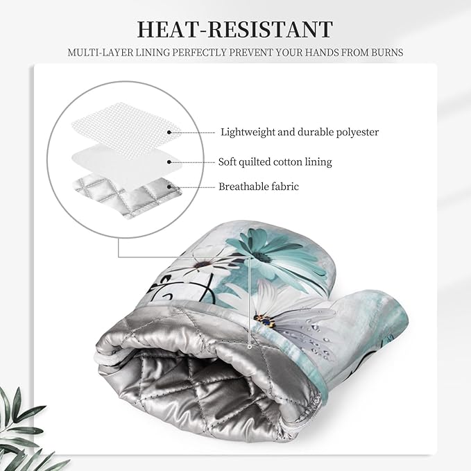 Teal Daisy Oven Mitts Pot Holders Set Silicone Heat Resistant Farm Teal Daisy - Image 4
