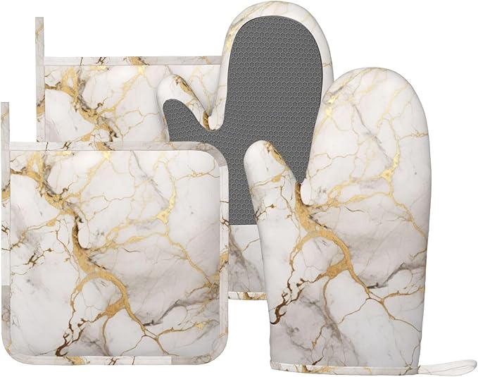 Oven Mitts and Pot Holders Marble Gray Gold White Silicone Kitchen Accessories by DADABULIU