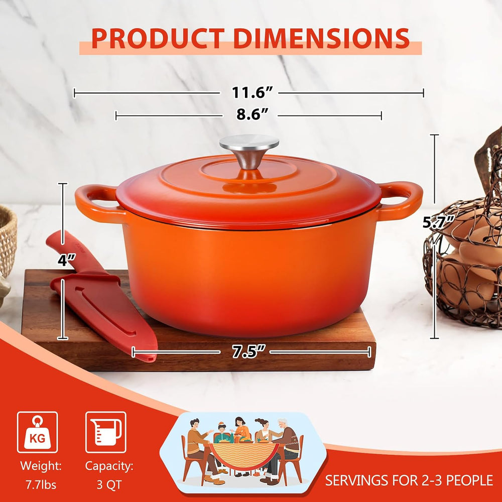 E-far 3 Qt Enameled Cast Iron Dutch Oven with Lid, Small Round Nonstick Dutch...