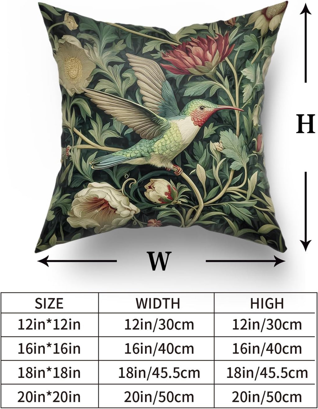 Giwawa Vintage Hummingbird Pillow Covers Set of 2, Rustic Green Bird Floral Pillow Cases 20x20in, Boho Flower Botanical Cotton Throw Cushion Covers for Sofa Couch Patio Seasonal Decoration