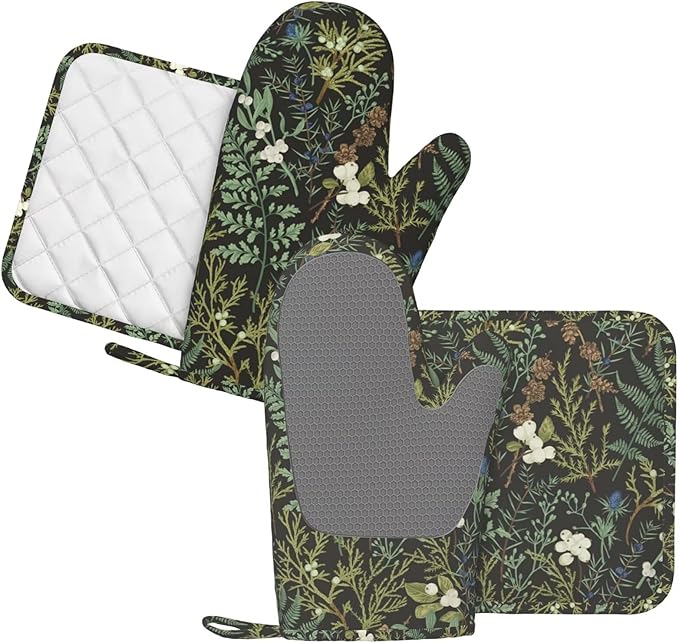 Botanical Print Floral Oven Mitts and Pot Holders Set of 4 Silicone Black Sage - Image 2
