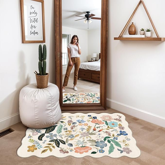 Washable 2x3 Entryway Scalloped Rug: Floral Thin Door Mat Non Slip Water - Image 2