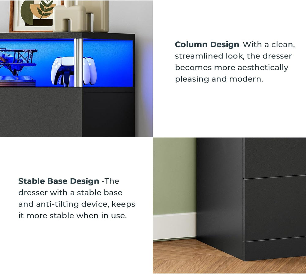 AOGLLATI Black Tall Dresser for Bedroom with Column Design & Led Lights, ...