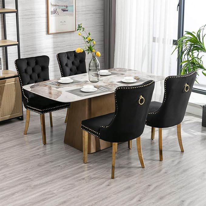 Mid Century Modern Dining Chairs Set of 6, Black Velvet Upholstered Tufted Ba...