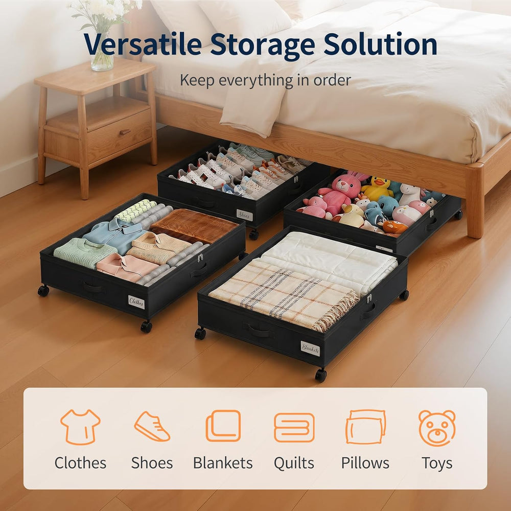 Yecaye 80L Large Under Bed Storage Containers with Wheels, 2 Pack, Black