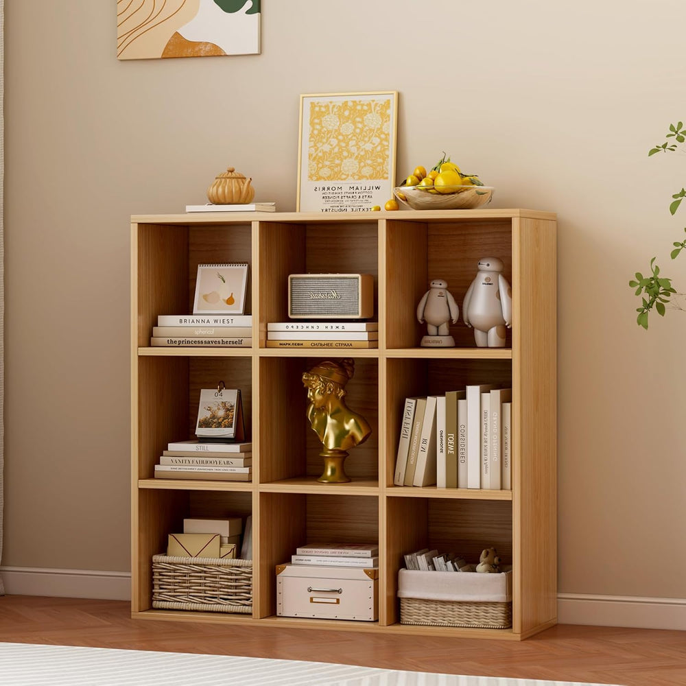 9-Cube Storage Shelf Bookcase - Wooden 3-Tier Floor Standing Open Bookshelf f...
