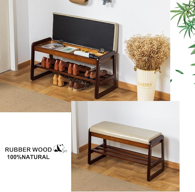 latifolia Solid Wood Bench, Entryway Shoe Bench with Cushion, Flip-Open Stora...