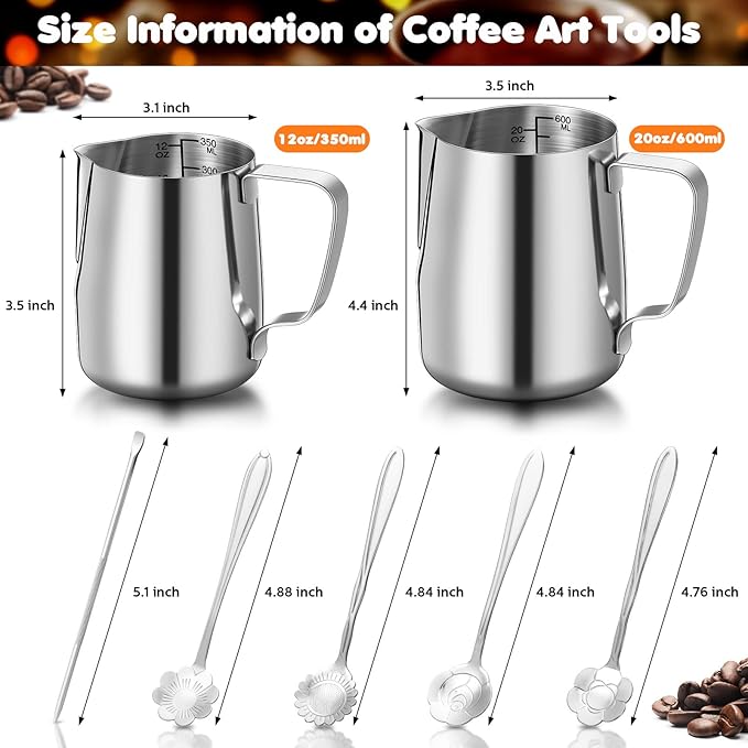 Irenare 2 Pcs Milk Frothing Pitcher 12 Oz and 20 Oz Stainless Steel Milk - Image 2