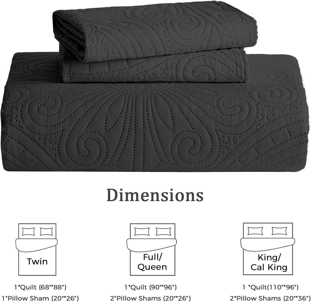 WURUIBO King/Cal King Quilt Set Black,Ultrasonic Embossed Bedspread, Lightwei...
