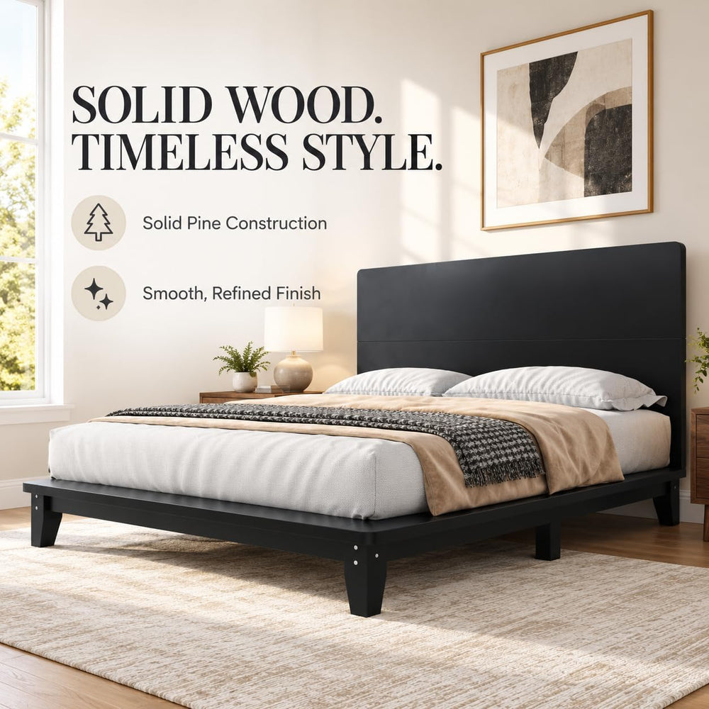 Full Size Japanese Wooden Bed Frame with Black Headboard