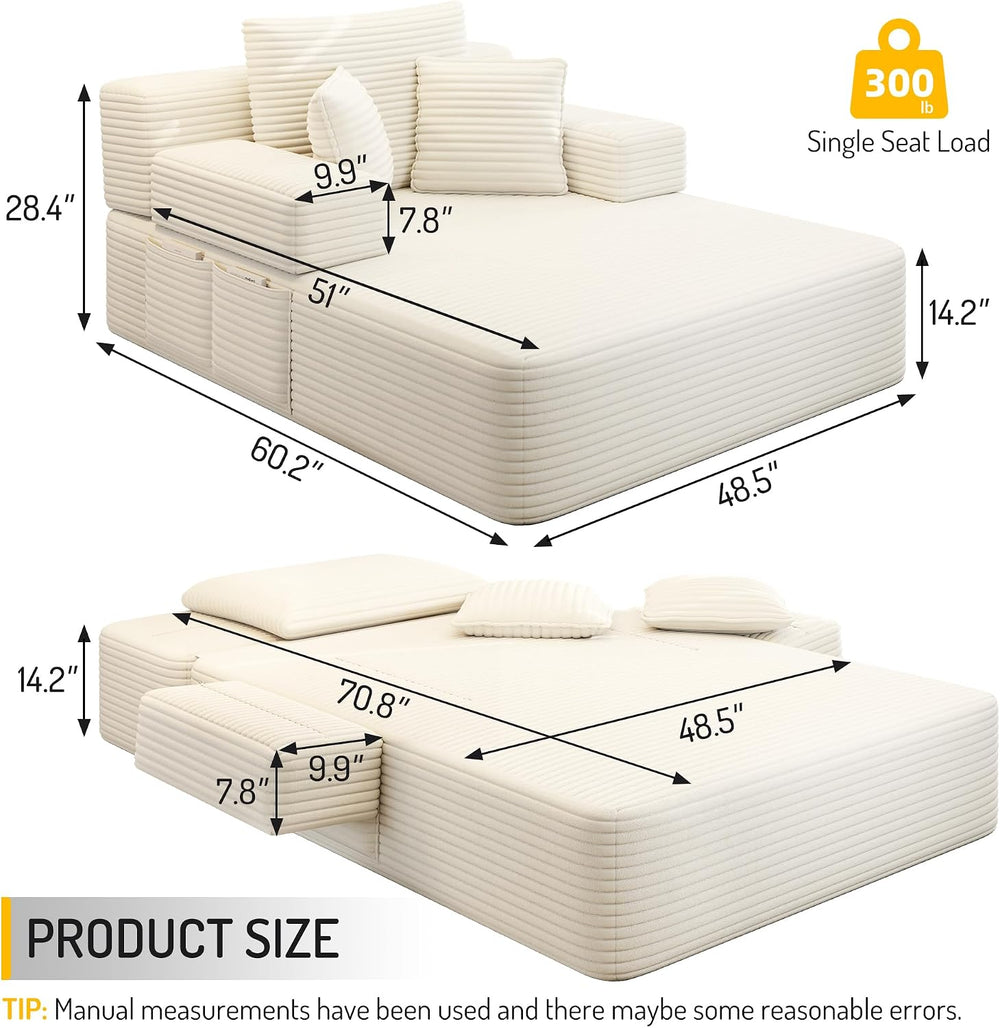 Oversized Boneless Chaise Lounge Chair Indoor, 60”,White | Corduroy Convertib...