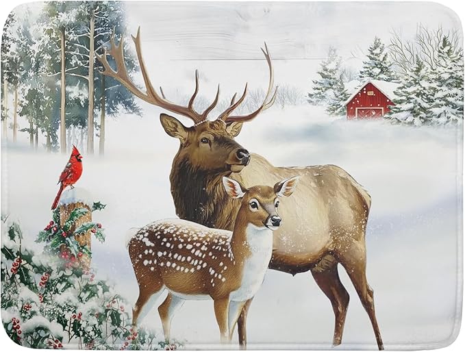 Giwawa Winter Deer Dish Drying Mat 18"x24" Xmas Tree Bird Holly Berry Dish by Giwawa