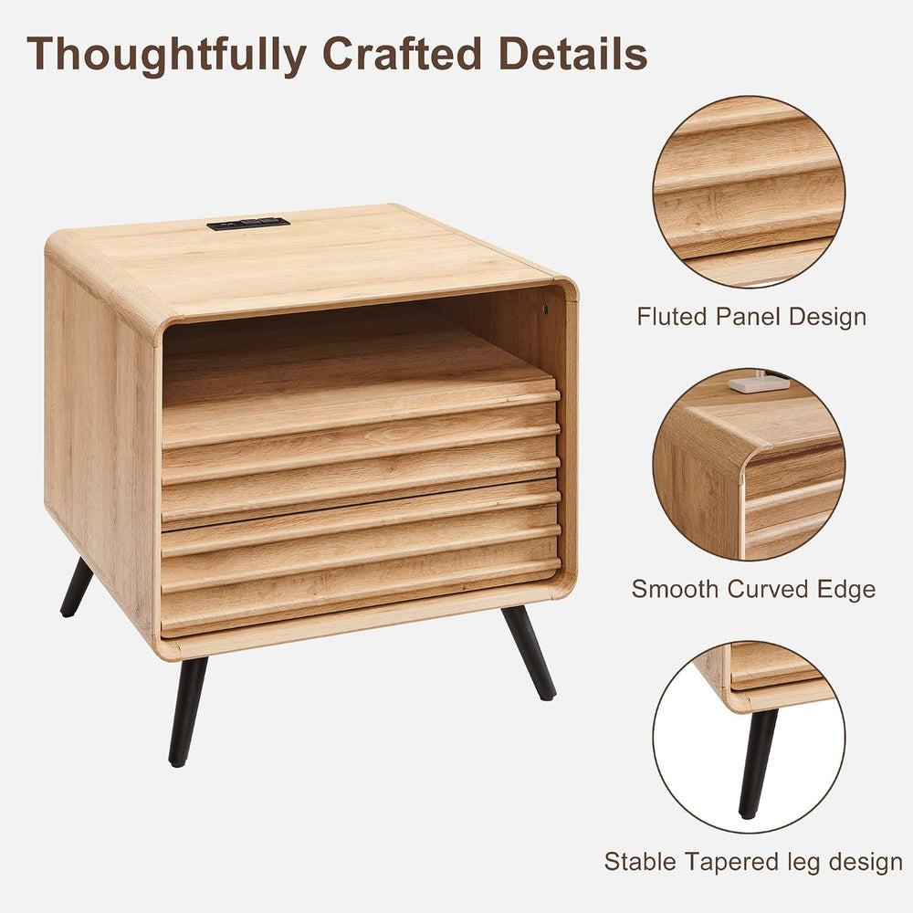RedLemon 24" Fluted Nightstand with Charge Station, Natural Oak