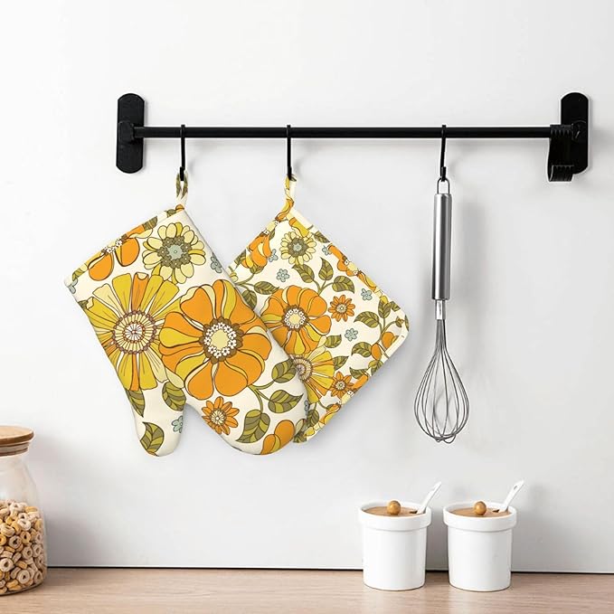 Retro 70s Style Flower Oven Mitts and Pot Holders Sets Silicone Kitchen Mitts - Image 7