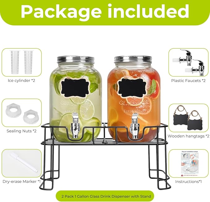 DHSBTLS 1 Gallon Glass Drink Dispensers, 2 Pack Clear Beverage Dispenser - Image 2