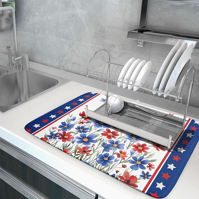 4th of July Dish Drying Mats for Kitchen Counter Patriotic Star Microfiber - Image 5