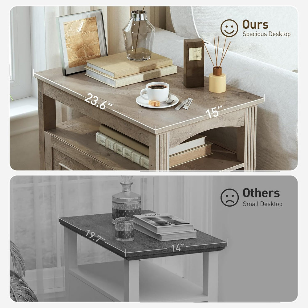 RALGEND Farmhouse End Table with 2 Drawers and Open Shelf, Greige