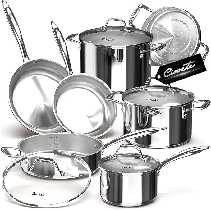 Ciwete 11-Piece Tri-Ply Stainless Steel Pots and Pans Set, 18/10 Stainless by Ciwete