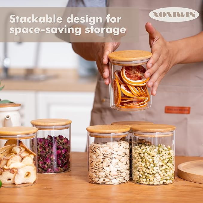 32oz 6PCS Round Airtight Glass Food Storage Jars, Stackable Spice Jar, Kitchen - Image 2