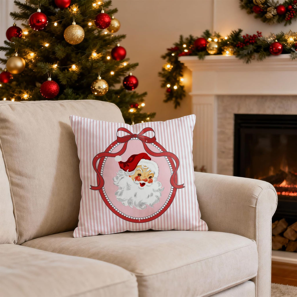 Coquette Red Bow Christmas Santa Pillow Covers 18x18, Preppy Christmas Decor, Girly Xmas Santa Claus Pink Striped Decorative Throw Pillow Covers for Girls Dorm Room Apartment